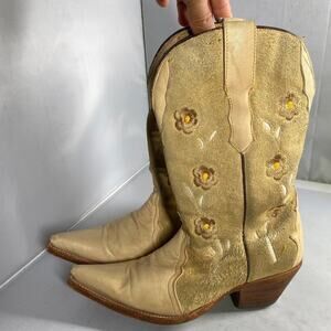 Rudel Ws 5 Yellow Leather Cowboy Rodeo Flower Boots Vintage Embroidered